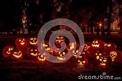 Lighted Halloween Pumpkins with Candles Stock Photo