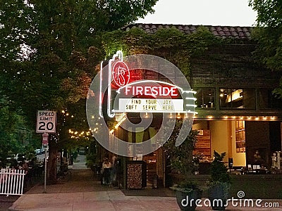 Lighted sign of Fireside restaurant on NW 23rd Street, Portland, Oregon Editorial Stock Photo