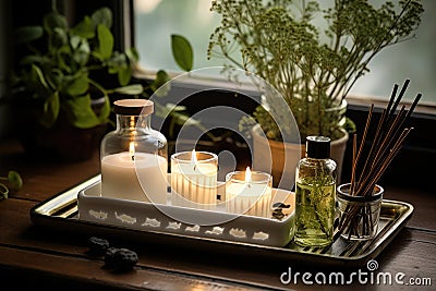 lighted white candles and essential oil diffuser on a tray Stock Photo