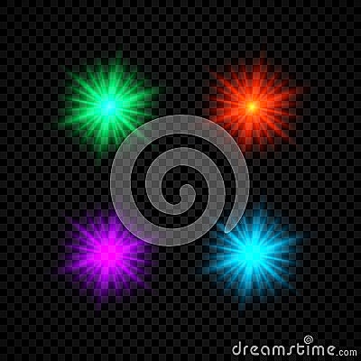 Set of four green, red, purple and blue glowing lights starburst effects Vector Illustration