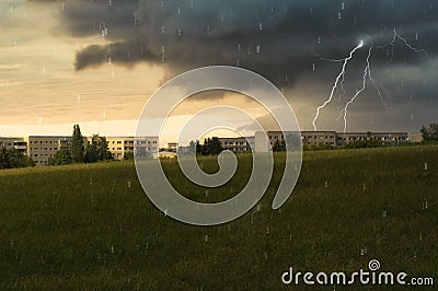 Lightening strike during an urban thunderstorm Stock Photo