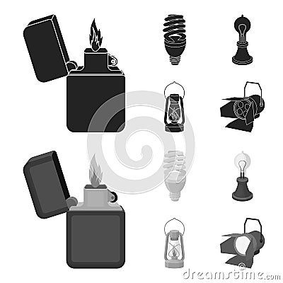 Lighter, economical light bulb, edison lamp, kerosene lamp.Light source set collection icons in black,monochrom style Vector Illustration