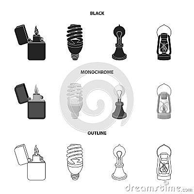 Lighter, economical light bulb, edison lamp, kerosene lamp.Light source set collection icons in black,monochrome,outline Vector Illustration