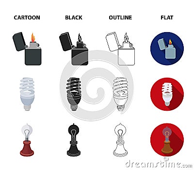 Lighter, economical light bulb, edison lamp, kerosene lamp.Light source set collection icons in cartoon,black,outline Vector Illustration