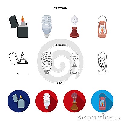 Lighter, economical light bulb, edison lamp, kerosene lamp.Light source set collection icons in cartoon,outline,flat Vector Illustration