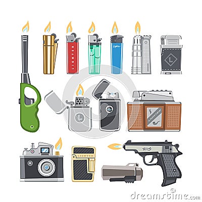 Lighter vector cigarette-lighter with fire or flame light to burn cigarette illustration set of flammable smoking Vector Illustration