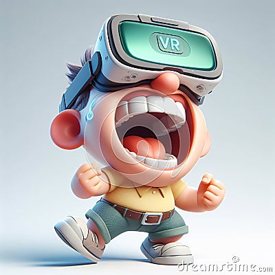 Lighthearted 3D caricature, exaggerated features, guffaws joyfully in VR goggles, animated in 3D Movies style, full body Stock Photo