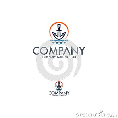 Lighthouse, anchor, sea and sun logo design Vector Illustration