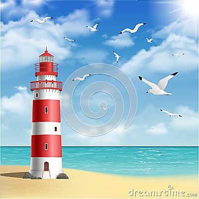 Lighthouse On The Beach Cartoon Illustration