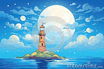 lighthouse beacon with moonlit ocean Stock Photo