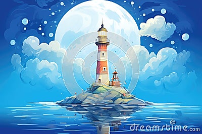 lighthouse beacon with moonlit ocean Stock Photo