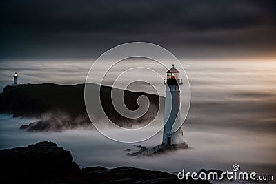 A lighthouse beam piercing through a fog of ghosts Stock Photo