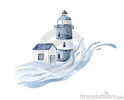 Lighthouse. Blue splashes of water Cartoon Illustration