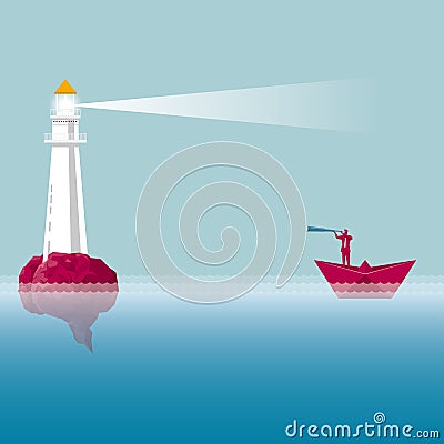 Lighthouse on the brain, nautical navigation equipment,businessman holding a telescope observing at sea. Vector Illustration