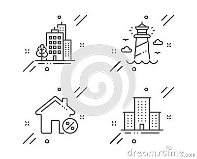 Lighthouse, Buildings and Loan house icons set. University campus sign. Vector Vector Illustration