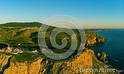 the lighthouse of cabo de sao vicente or cape st. vincent in the algarvian coastline, Sagres, Algarve, Portugal. Stock Photo