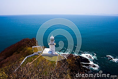 Lighthouse at Cape Chikyu (Cape Earth), Muroran, Hokkaido, Japan. Stock Photo