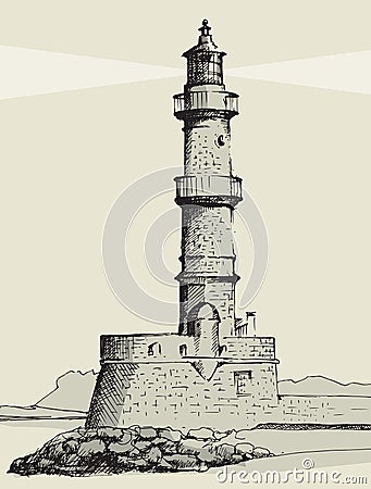 Lighthouse in Chania, Crete, hand drawn Vector Illustration