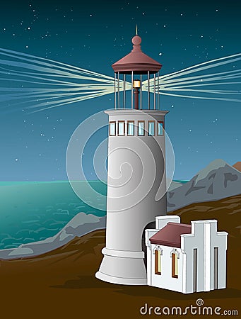 Lighthouse on the coast. Light beacon in the night. Starry Sky. Landmark. Seacoast. Vector. Vector Illustration