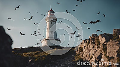 lighthouse on the coast lighthouse is infested by a colony of bats that fly out every night and terrorize the town. Stock Photo