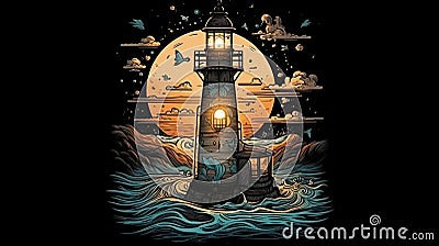 Lighthouse drawing at night Generative AI Stock Photo