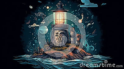 Lighthouse drawing at night Generative AI Stock Photo