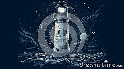 Lighthouse drawing at night Generative AI Stock Photo