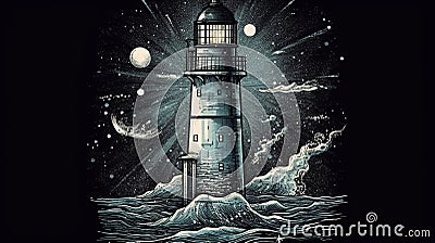 Lighthouse drawing at night Generative AI Stock Photo