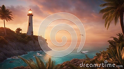 lighthouse at dusk A fantasy lighthouse in a sunset, with a dolphin, a palm tree, Stock Photo