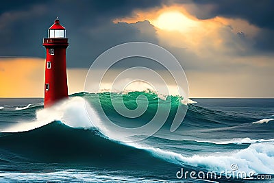 lighthouse on the edge of a rough sea with waves Stock Photo