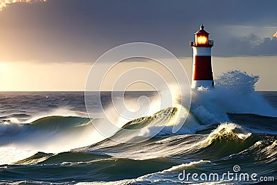 lighthouse on the edge of a rough sea with waves Stock Photo