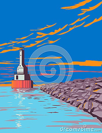 Lighthouse at Fj Mclain State Park on the Keweenaw Peninsula Houghton County Michigan USA WPA Poster Art Vector Illustration