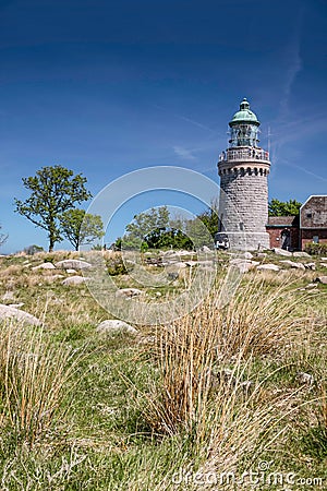 Lighthouse Hammeren Fyr on Bornholm Stock Photo