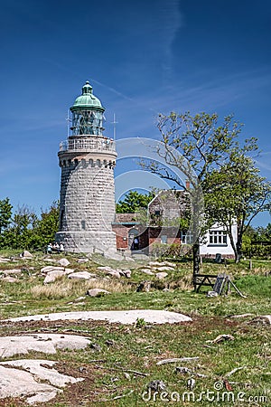 Lighthouse Hammeren Fyr on Bornholm Stock Photo