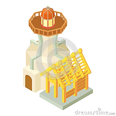 Lighthouse icon isometric vector. Beacon and wooden building under construction Stock Photo