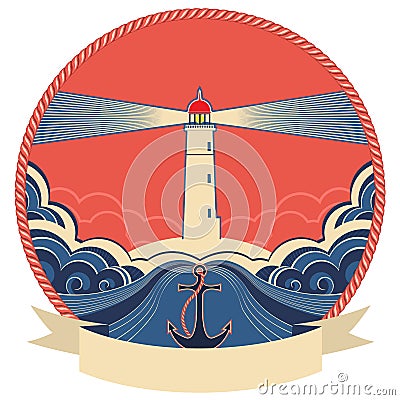 Lighthouse label with anchor and rope frame Cartoon Illustration