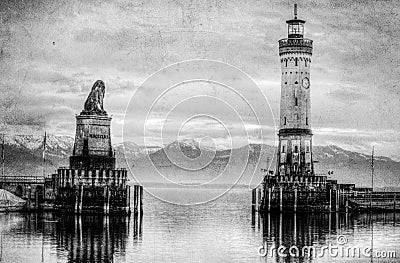 Lighthouse on lake Bondesee made in retro black and white style. Stock Photo