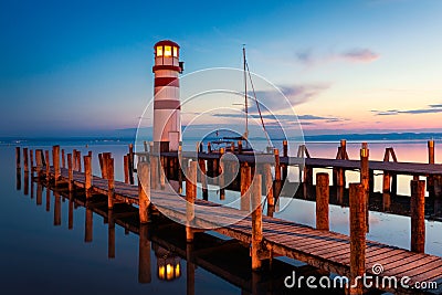 Lighthouse at Lake Neusiedl at sunset near Podersdorf, Burgenland, Austria Stock Photo