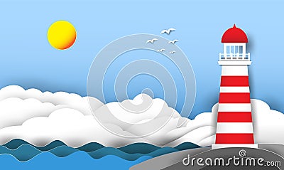 The lighthouse is located in the rocks by the sea with clouds in the sky and the sun. Stock Photo