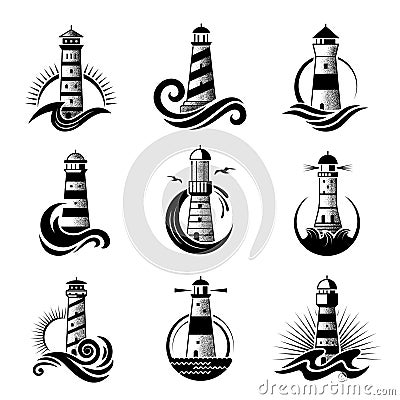 Lighthouse logo. Business stylized marine symbols oceanic waves sea icons with silhouettes of lighthouse Vector Illustration