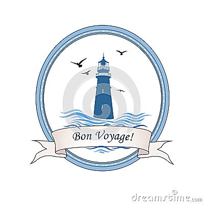 Lighthouse logo. Nautical icon with lighthouse, ocean waves, gull birds. Travel voyage card design Stock Photo