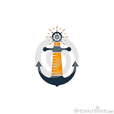 Lighthouse logo. Vector lighthouse, anchor and ship wheel. Vector Illustration