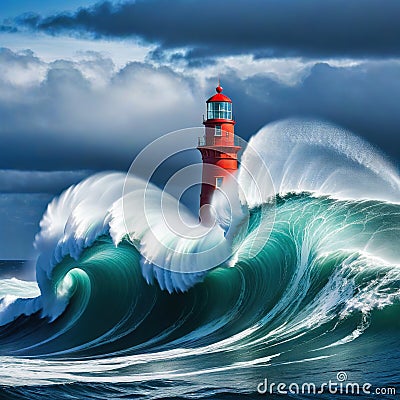 lighthouse in the middle of large wave in Cartoon Illustration