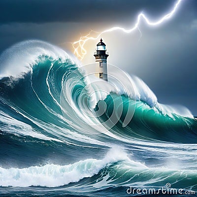 lighthouse in the middle of large wave in Cartoon Illustration