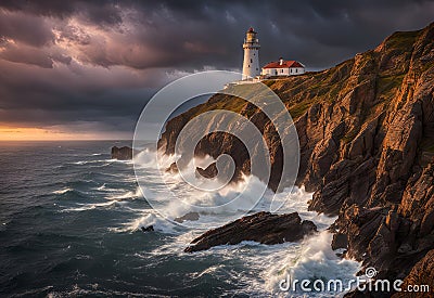 lighthouse on a mountain at sunset and strong sea waves Stock Photo