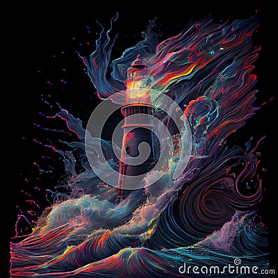 Lighthouse with multicolored paints splash. AI generative Stock Photo