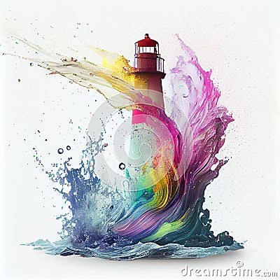 Lighthouse with multicolored paints splash. AI generative Stock Photo