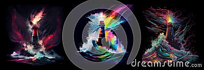 Lighthouse with multicolored paints splash. AI generative Stock Photo