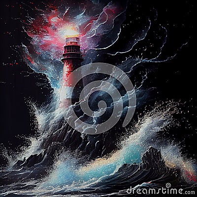 Lighthouse with multicolored paints splash. AI generative Stock Photo