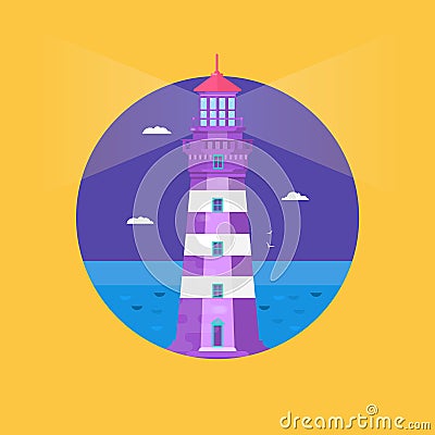 Lighthouse on ocean or sea beach cartoon background flat vector illustration. Lighthouse on coast of sea Vector Illustration